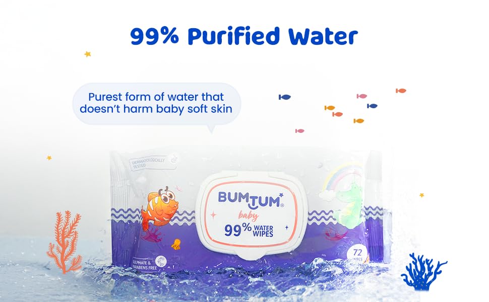 Image of Bumtum Baby Gentle 99% Pure Water Soft Moisturizing Wet Wipes With Lid | Aloe Vera & Chamomile Extracts | Paraben & Sulfate Free (Pack of 30, 72 Pcs. Per Pack)