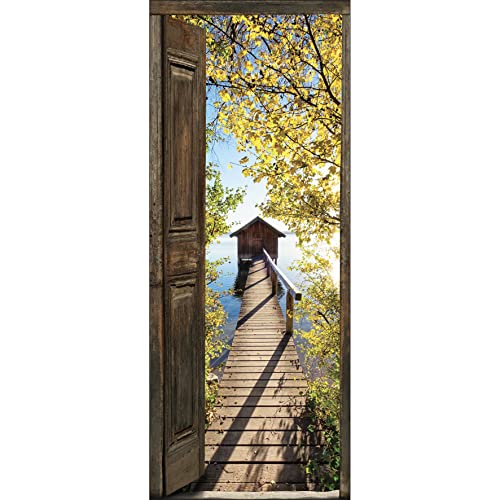Trompe l'oeil porte Adhésif Ponton vers LA CABANE Décoration Murale, Polyvinyle, Multicolore, 83...