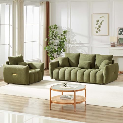 Image of Antetek Teddy Fabric Sofa Set for Living Room, Modern Deep Seat Sofa Chair and Oversized 3-Seater Cloud Boucle Couch for Bedroom, Office, Apartment, Furniture Set, Green (2 Piece)