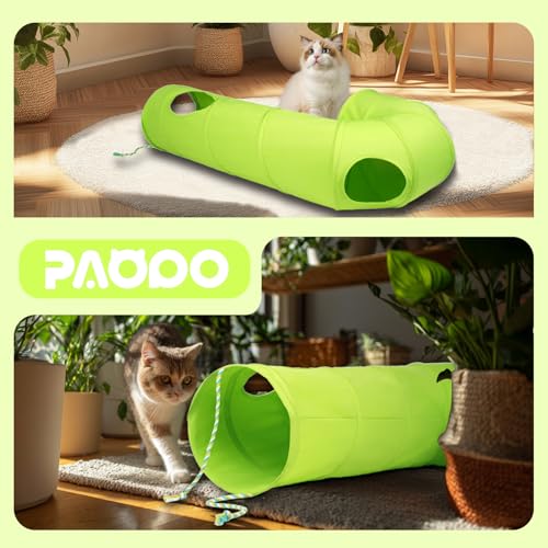 Cat Tunnel, 2-Way Collapsible Cat Tube with Interactive Peek-A-Boo Hole, Toy Ball, and Rope – Ideal for Indoor Cats, Kittens, and Rabbits (Green) by PAOPO - Image 4