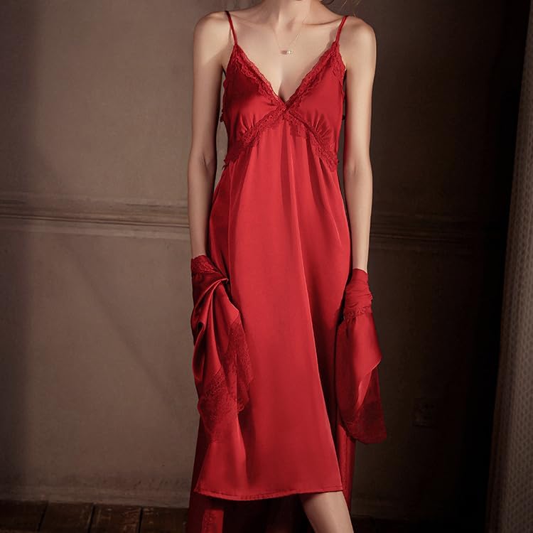 Women's Sexy Silk Long Cami Sleepwear and Lace Robes Wedding Bridesmiad Pajama Sets