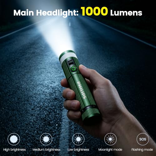PHILIPS SFL5288 Rechargeable EDC Flat Flashlight with Camping, Warm White LED Combo, 1000 High Lumens Aluminium Portable Pocket Lights with 10 Modes, Two Sources for Outdoors Emergency Working (Green) - image 4