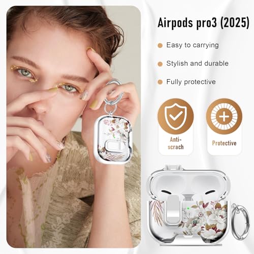 Image of Compatible Airpods Pro 3 Case (2025) with Phone Stand & Cleaner Kit,Cute Flower Print Soft Silicone Lock Clip Apple AirPods Pro 3rd Generation Case, Airpod Pro 3 Cover with Keychain for Women /Girls