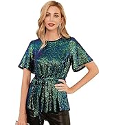GRACE KARIN Women Sequin Party Cocktails Tops Short Sleeve Crew Neck Elastic Tie Waist Peplum Blo...