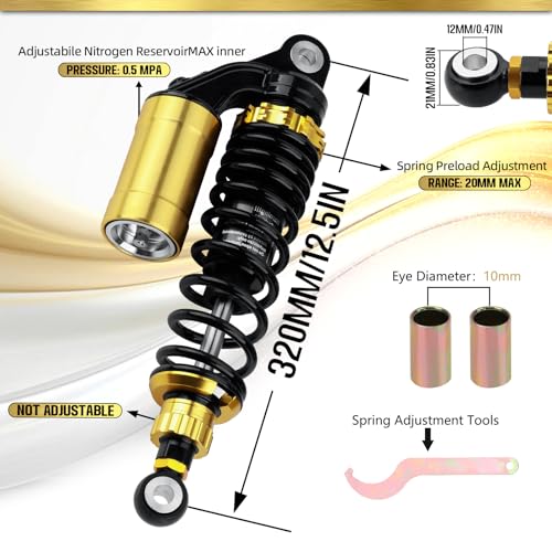 Image of Universal 320 mm motorcycle shock absorber - Rear suspension - 2 sets - 12.5 inches - Compatible with Gokart, Honda, ATV, CB, Yamaha Gokart (Black Gold).