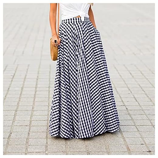 Klänning Kvinnor Långkjolar Plaid Check Kjett Zipper Plisserad Bohemian Jupe Femme Casual Fickor Maxi Kjolar CJWSLYT (Color : Navy, Size : 4XL)