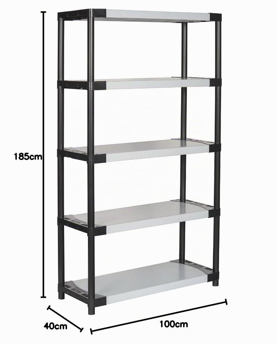 Bayersystem SMARTPLAST 1000 Étagère de Rangement en Plastique avec 5 étagères, 185 x 100 x 40 cm, jusqu'à 350 kg, pour Charges Lourdes, Cave, Atelier, en Plastique, Gris/Noir