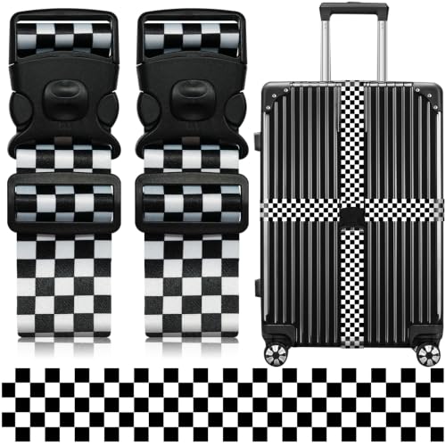 Image of Luggage Straps for Suitcases, Travel Adjustable Belt with Quick Release Buckle, Heavy Duty Nylon Bag Packing Strap, Unique Bright Identifiers Business Travel Accessories (2 Pack) - Black White