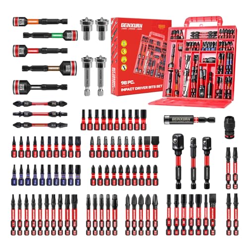Geinxurn 98Pieces 1”/2” Impact Screwdriver Bits Set, Magnetic S2 Steel (Phillips/Slotted/Square/Torx/Hex/Security Torx) Driver Bits Tips,Impact Bit Holder and Nut Driver with Red Storage Box Case