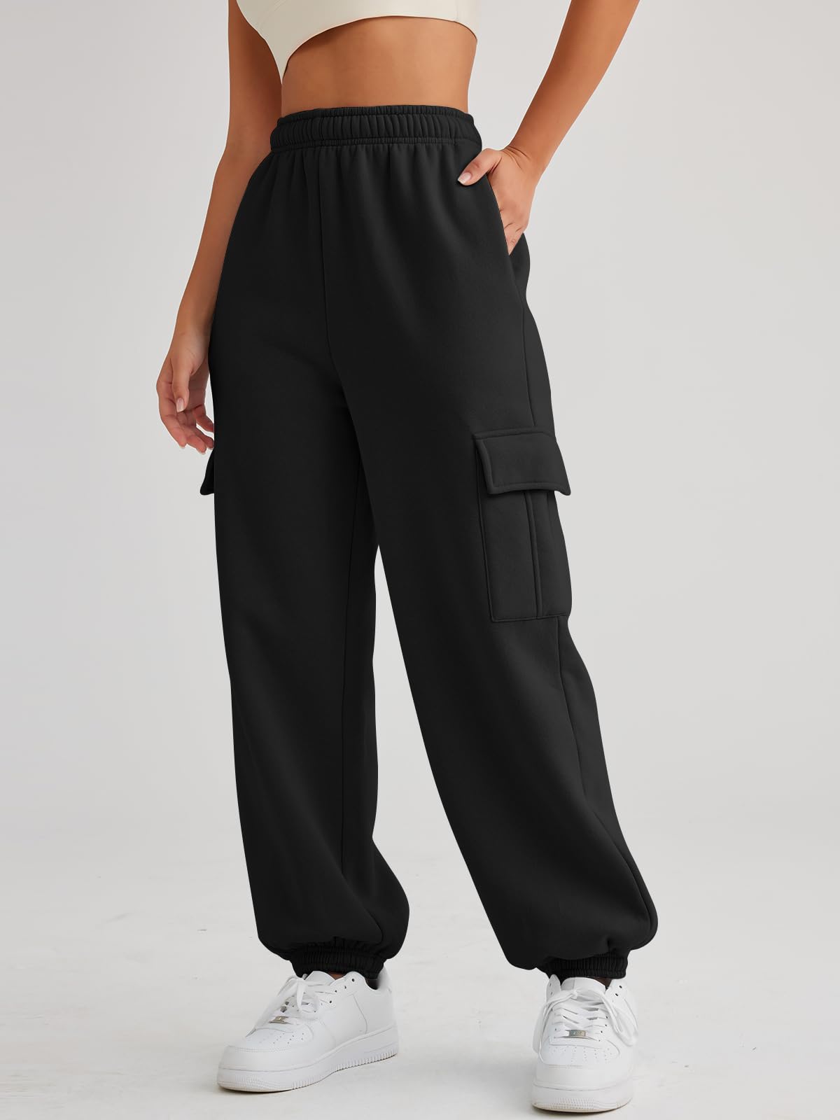 AUTOMET Womens Cargo Sweatpants Cinch Bottom Lounge Baggy Cotton Pants Joggers High Waist Fall Athletic Pant with Pockets Black S