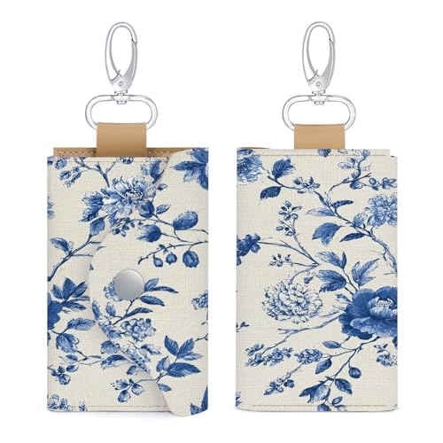 Blue And White Floral Motifs Key Holder Bag PU Leather ID Card Holder Keychains Case Cover for Men Women3