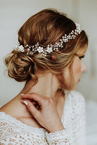Kercisbeauty Handmade Boho Bridal Bridesmaids Flower Girls White Flower and Pearl Headband Vine Spring Headpiece Hair Vine Bridal Accessories Vintage Rustic Wedding (Gold)
