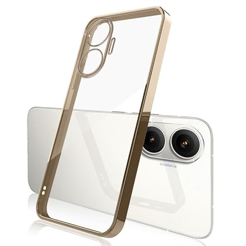 KOOLRIVER・For POCO F7 ケース クリア カメラ保護 カバー メッキ TPU 透明 ソフトケース ストラップ穴 可愛い ストラップホール付き シンプル 小米 シャオミ For Xiaomi シャオミー(ゴールド)