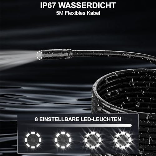 HANMATEK Industrie-Endoskop,4,3-Zoll-TFT-Bildschirm,16,5ft flexibles Kabel,IP67 wasserdicht,8mm Kamera mit einstellbarer LED-Beleuchtung,USB-C Aufladung,4 Stunden Akkulaufzeit,180° drehbares Display