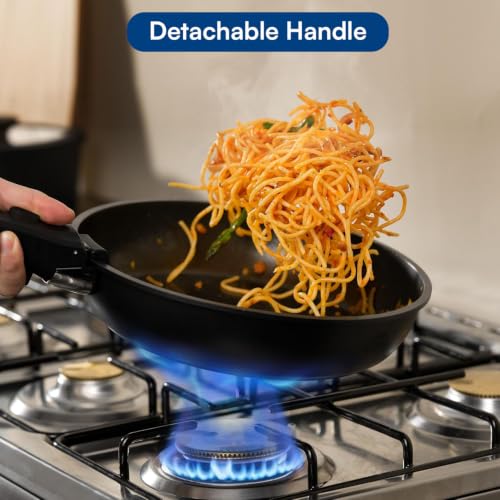 Image of House of Quirk 21 Pcs Maifan Stone Non Stick Ceramic Cookware Set | Pots & Pans with 2 Detachable Handles | Removable Handle RV Kitchen Cooking Set | Oven Safe, Induction Ready, Stackable (Black)