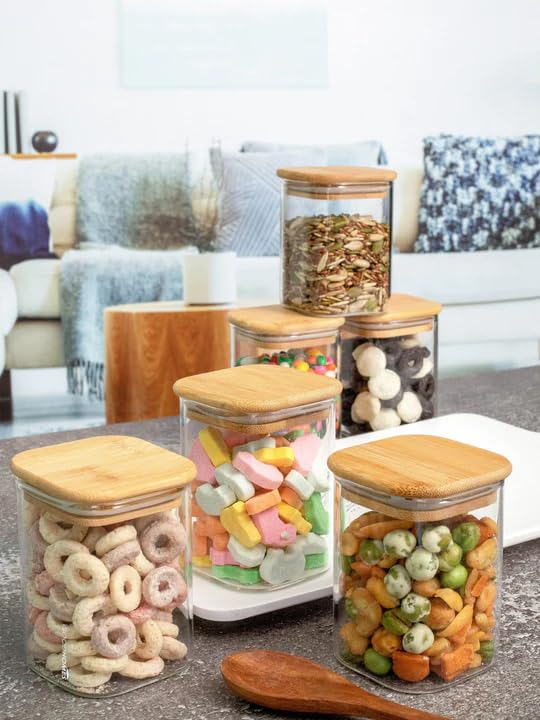 Image of MARTVIA Glass Food Storage Jars with Bamboo Lids 350ml Set of 4, Wide Mouth Lid Jar for Home Kitchen,Flour, Sugar, Coffee, Pasta, Oats, Grains, Cookies, Snacks (Sqaure 350 ML Jar, SET OF 4)