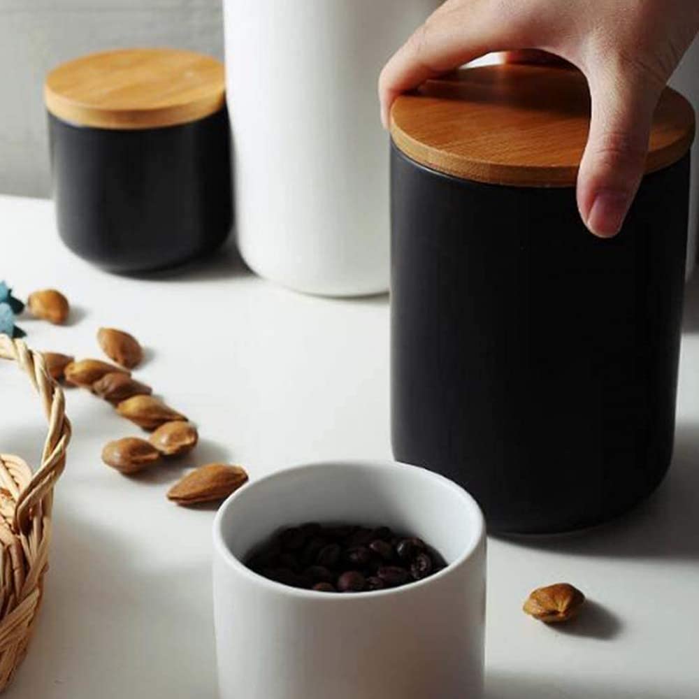 Keramik Tee Vorratsdose mit luftdichtem Holzdeckel Keramik Trockenfutter Vorratsdose Dose Tee Zuckerspender zum Servieren von Tee Kaffee Gewürz-Blanc 10.3 * 14.5CM