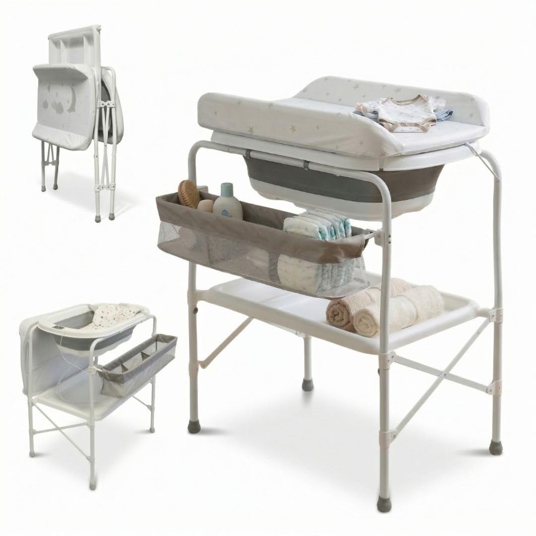 BATHBY Bañera Bebé con Patas Multifuncional 6 en 1: Plegable con Soporte, con Termómetro, Cojín Reductor, Cambiador, Bandeja y Cesta Organizadoras, Desagüe con Tubo y Soporte para Ducha, (Gris Pro)