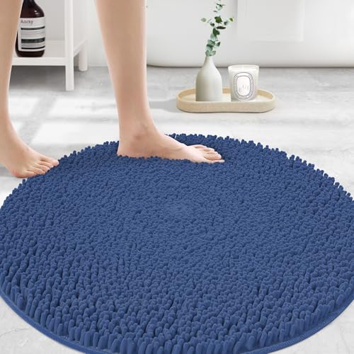 Image of MAYSHINE Round Area Rug Set for Bathroom | Soft Plush Chenille Bath Mat, Water Absorbent Non-Slip Bathroom Rug | Washable Shag Carpet for Shower, Bedroom, or Home Decor | 36 inchx36 inch (Round) | Dark Blue