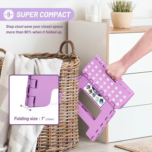 Image of Delxo 9 inch Folding Step Stool, Non-Slip Foldable Small Stools Up to 300 LBS, Kids Step Stool with Handle Lightweight for Kitchen, Bathroom, Bedroom, Garden, Light Purple, 1PC