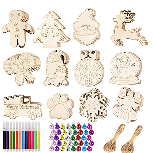 HBell 60pcs Christmas Ornaments Set - Wooden Baubles with Holes Unfinished Wooden Slices Colorful Bells and Watercolor Pen for Kids DIY Crafts Christmas Hanging Decoration Xmas Gifts