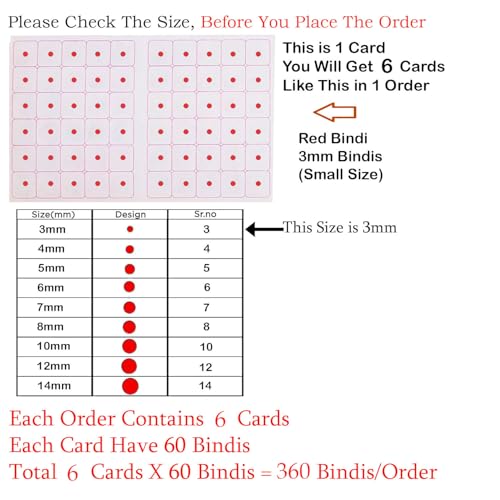 Image of VAMA Fashions 3mm Sticker Small Round Self-Adhesive Bindis Set for Women Girls Reusable Skin-Friendly Non-Toxic Forehead Dots Bindis for Daily & Festive - 6 Cards (3MM Red Bindi)