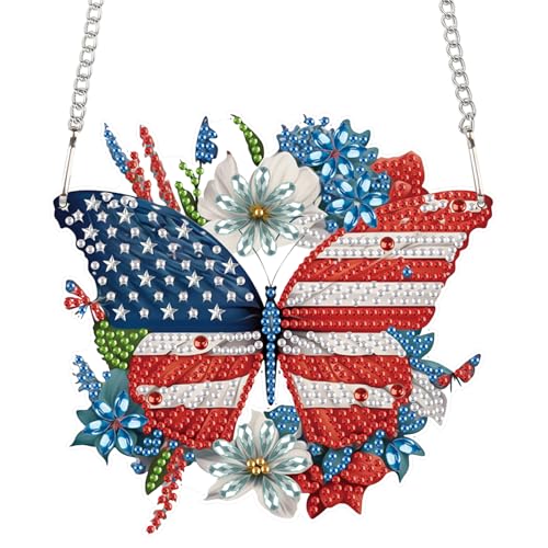 Image of 4th of July Diamond Painting Hanging Ornament Kit, Patriotic American Flag Butterfly Wreath DIY Diamond Art Acrylic Pendant, Diamond Painting Kit for Adults Independence Day Home Window Wall Decor