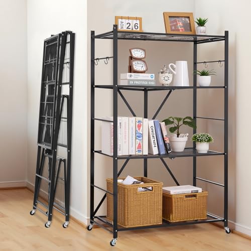 Image of VEVOR 4-Tier Foldable Storage Shelf, 36W x 21D x 60H Inch Folding Metal Rack Shelving Unit, No Assembly Organizer Shelf with 5 Wheels & 4 Hooks for Pantry, Kitchen, Garage, Basement, Black