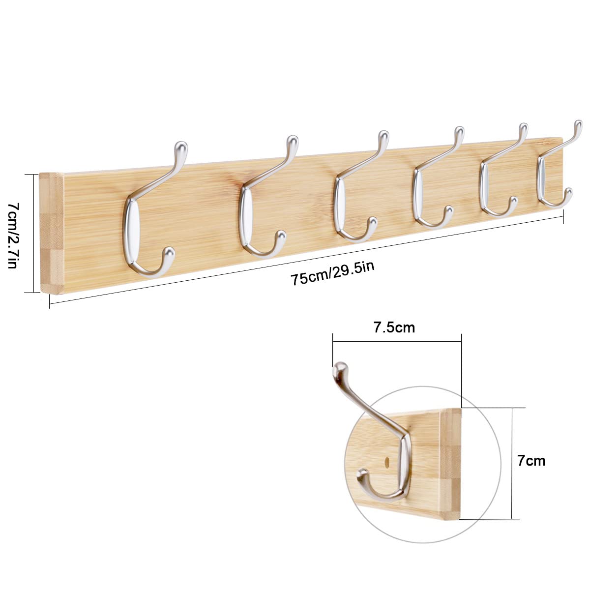 Porte Manteau Bois Porte-manteau Mural En Bois Avec 6 Crochets Doubles En Bambou Pour Patère Porte Manteau Bois Porte-manteau Mural En Bois Avec 6 Crochets Doubles En Bambou Pour Patère