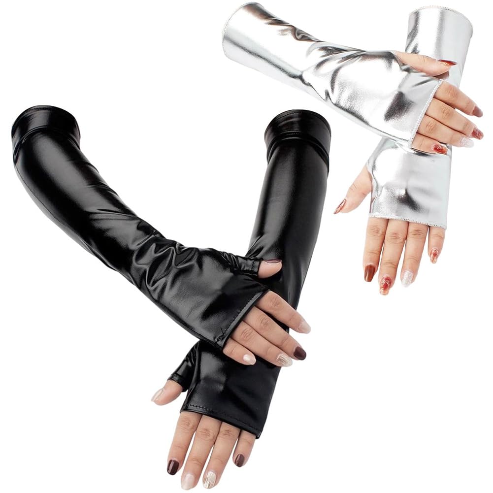CALFOVERA 2 works Short PU Leather Metallic Fingerless Gloves 2 Size Shiny Rock Stage Gloves Stretchy Gothic Punk Half Palm Dress Up Arm Sleeves for Women Halloween Costume Party Cosplay