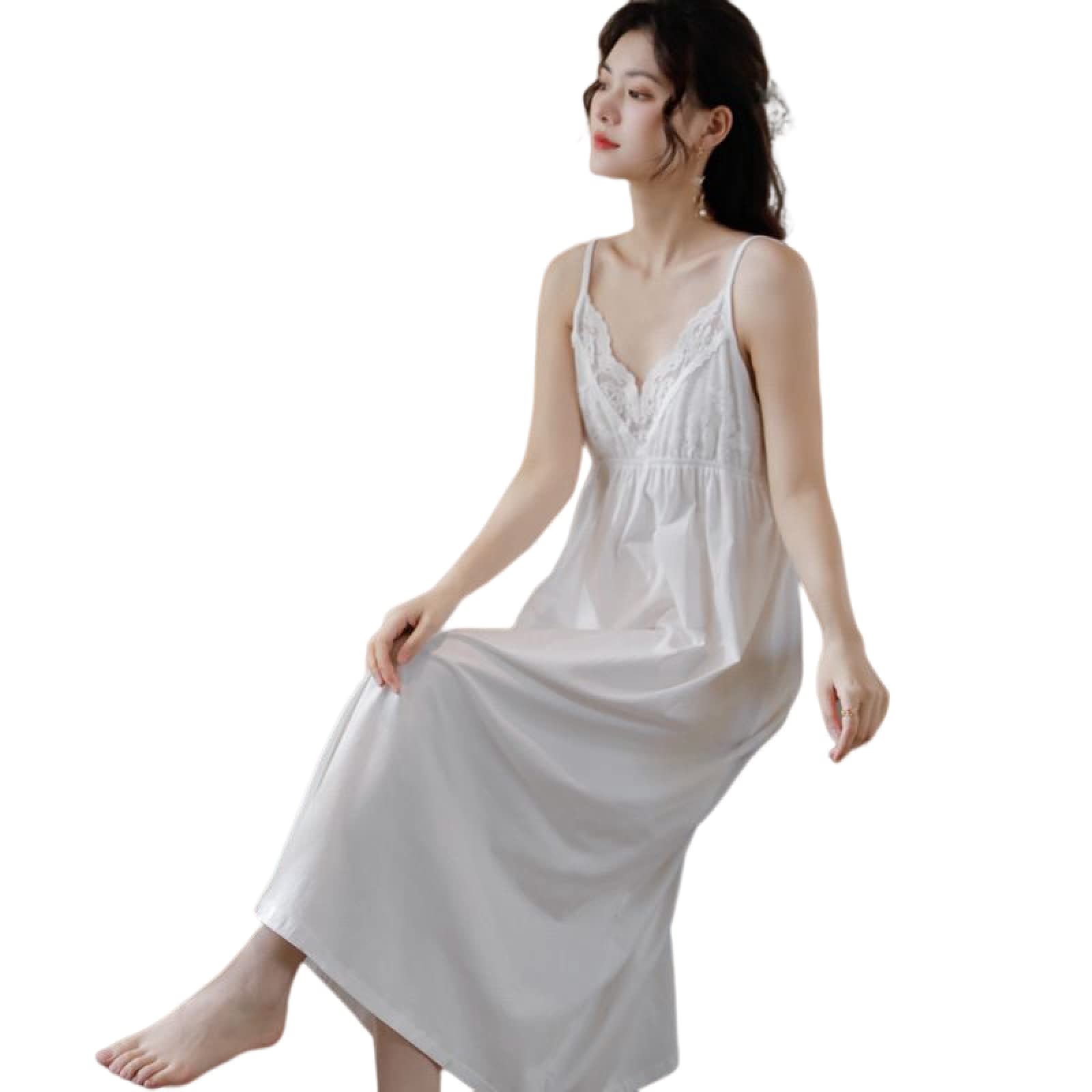 YAROVA Damen Nachthemden - Baumwolle Ärmelloses Sling Langes Nachtkleid Frauen Sommer Sexy Spitze Vintage Nachthemd Prinzessin Nachtwäsche Dessous Pyjama Robe Loungewear