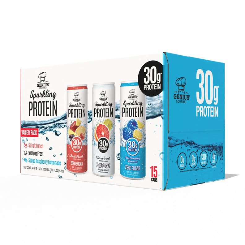 Genius Gourmet Clear Protein Sparkling Water Variety Pack - 30g Clear Sparkling Protein Zero Sugar Low Carb Lactose Free Non GMO - Ready to Drink Flavored Sparkling Water - 15 Pack