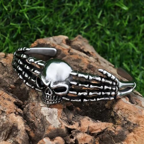 Gothic Skull Cuff Bracelet, Stainless Steel Skeleton Hands Bangle Bracelet, Punk Rock Jewelry Gift Women Men3