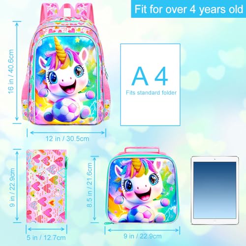 Image of 3Pcs Unicorn Backpack for Girls, 16 inch Soccer School Backpacks Set for Elementary Preschool Kindergarten, Kids Bookbag with Lunch Box(Pink)