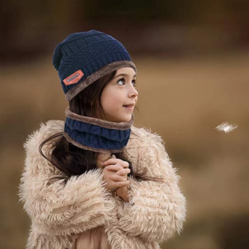 Kolva Kids Hat Scarf Set Warm Fleece Knit Beanie Cap Scarf Mask for Boy Girls Children 1