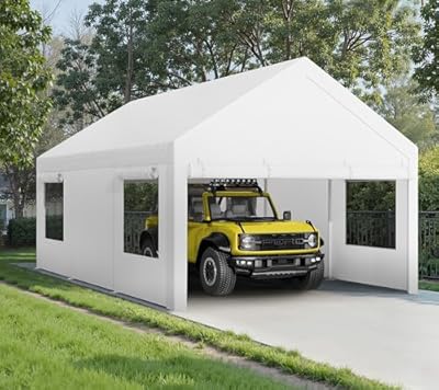 Walsunny Carport 10x20ft Heavy Duty Carport Canopy with Roll-up Ventilated Windows, Portable Garage with Removable Sidewalls, Car Canopy with All-Season Tarp for Car, SUV, Truck, Boat