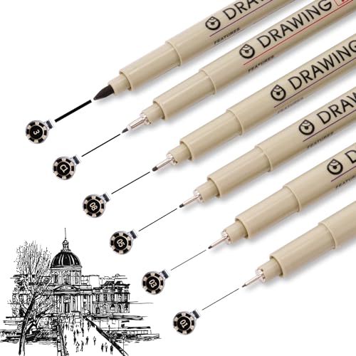 Toptime Fineliner, Lot de 6 Feutre Noir Pointe Fine, Liner Dessin avec Pinceau Lisses Noir, Feutre Dessin Professionnel Stylo Micro à Tailles Multiples pour le Croquis, le Manga, le Dessin, l'Anime