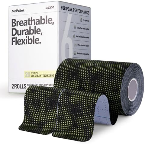 Alpha Synthetic Kinesiology Tape, Ultra-Sticky Adhesive Athletic Tape, 40 Count Precut Strips 2 Rolls, Pain Relief & Joint Support, Elastic Kinesio Tape for Knee, Wrist, Ankle, Jet Black
