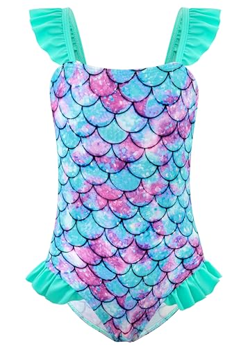 Image of DAXIANG Girls One Piece Ruffle Strap Swimsuit Quick Dry Mermaid Swimwear Beach Sport Bathing Suit for Toddler Kids 4-11 Years