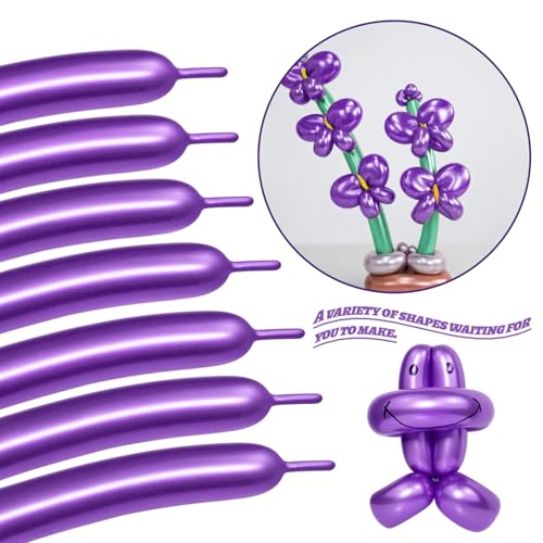 Image of LXZFCRG 260 Long Balloons, Shiny Metallic Latex Twisting Balloon for Balloon Animals, Magic Balloons for Birthdays Wedding Party Decorations 100pcs (Metallic Purple)
