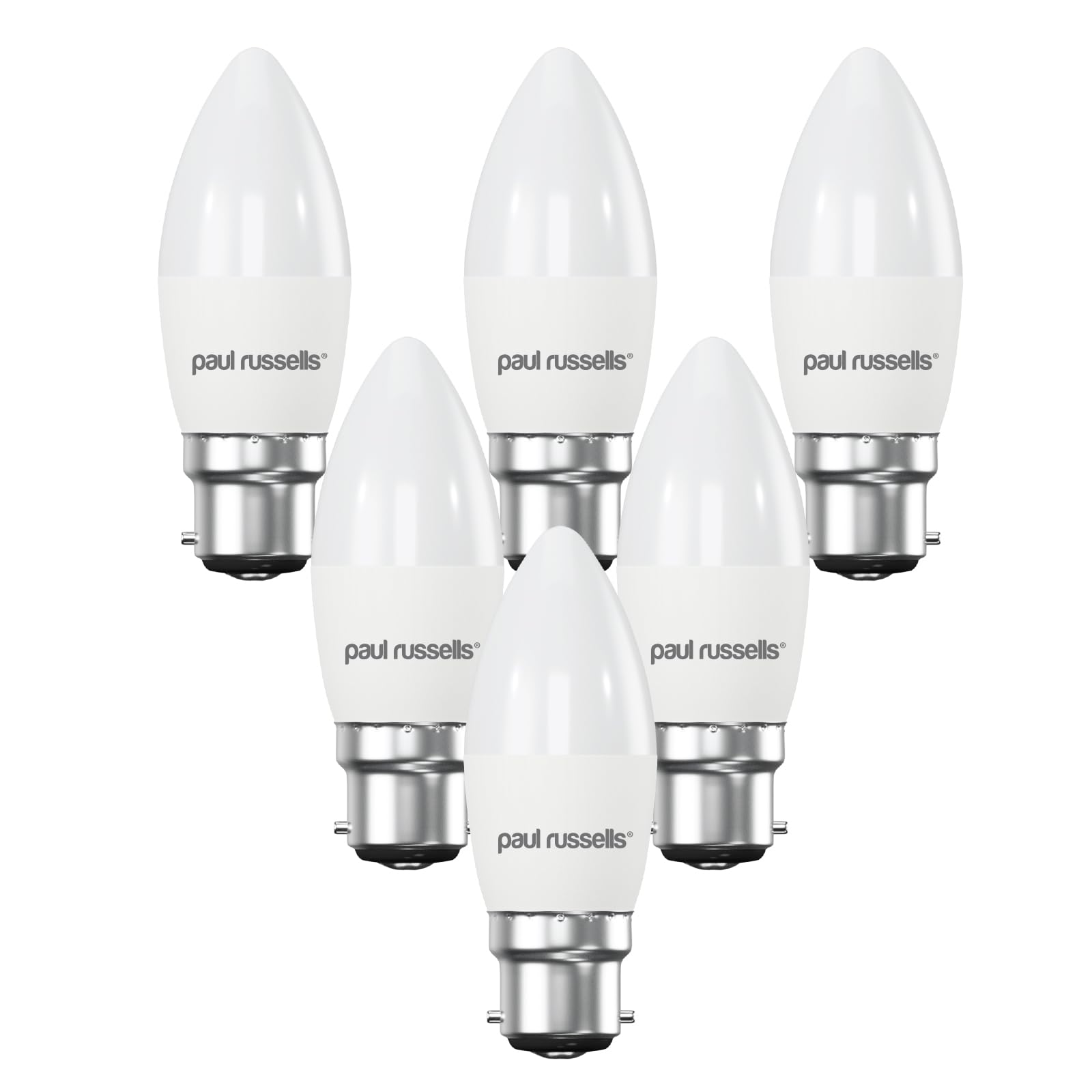 paul russells LED Light Bayonet Cap B22, 60watt Equivalent, 6.5W 806LM LED Bulbs, 4000K Natural Cool White, Frosted C35 BC Candle Energy Saving Non-Dimmable Chandelier Lightbulbs, Pack of 6