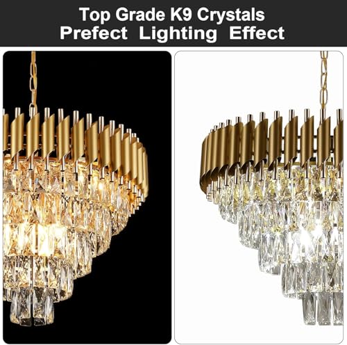 Image of Manraj Modern Crystal Chandelier, 600 mm Round, 5-Tier Pure Gold, K9 Crystal Ceiling Light Fixture for Living Room and Hallway (Pure Gold, 600mm)