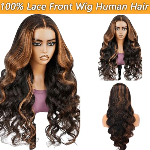 Image of MUZOJET 1B /30 Highlight Ombre Balayage 13x6 Lace Front Wigs Human Hair Black and Blonde FB30 HD Transparent Lace Front Wig Human Hair Pre Plucked with Baby Hair for Black Women 180% Density 30 Inch