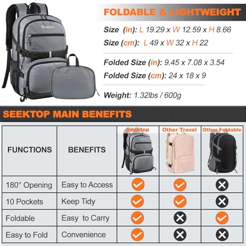 Seektop Lightweight Travel Backpack for Men Women, Multiple Pockets 40L Hiking Backpack Foldable Carry on Backpack for Outdoor Camping Sport Leisure (Gray) - image 7