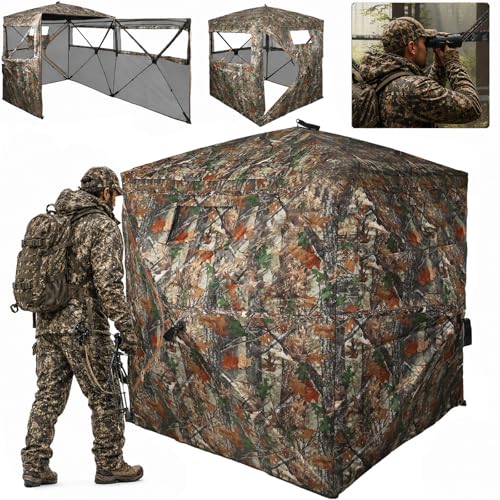FUNHORUN Hunting Blind 360 Degree See Through Double Door Ground Blind for Hunting, 2/3 Person Pop Up Portable 58' Camouflage Deer/Turkey Tent with Blaze Orange Panels