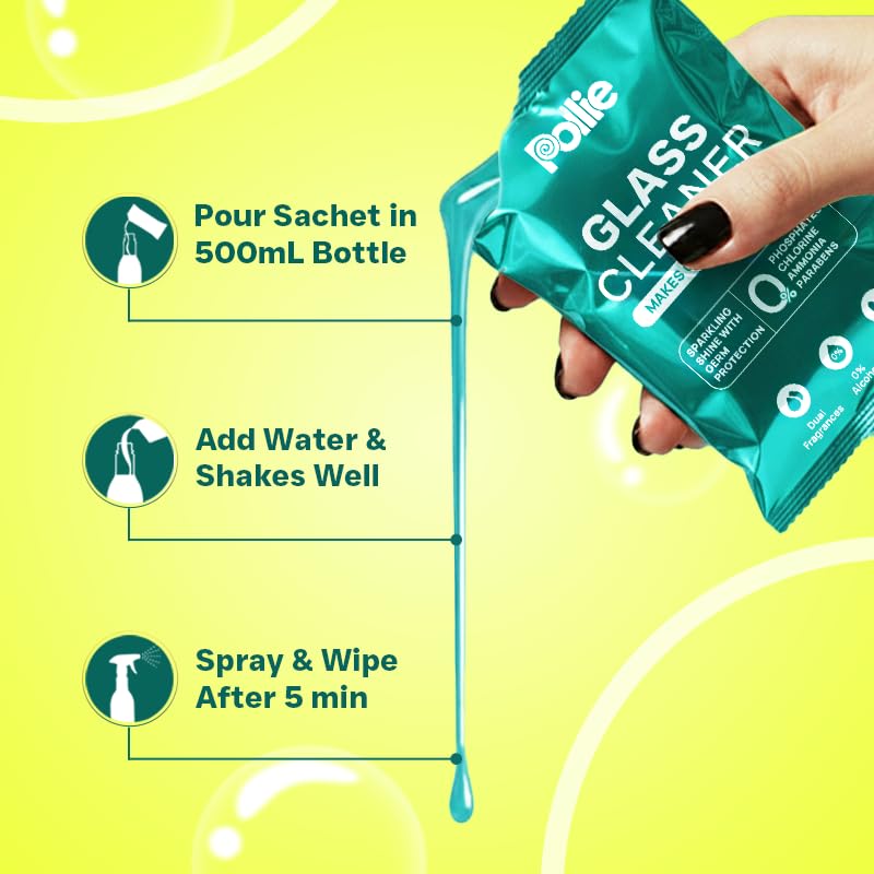 Image of Pollie Glass Cleaner 1.5L | 1 Empty Bottle + 3 Refill Sachets | 1 Sachet Makes 500mL | Gadgets, Electronics, Cars Mirror, Kitchens, Bathrooms & Other Surfaces | Dual Fragrance, Alcohol-Free Formula
