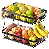 Fournine 2 Tier Fruit Bowl Basket with 2 Banana Hanger, 2025 Pro Detachable Kitchen Countertop Organizer for Fruits, Vegetables, Snacks, Metal Vegetable Storage Rack with Banana Holder, Black