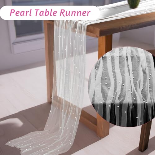 LIQWEI Tischläufer Tüll mit Perlen, 75 x 300cm Perlenspitze Tischdecke Weiß Spitzen Tüllstoff Netz Tischband Tischdekoration für Hochzeit Brautparty Geburtstagsfeier Hochzeitsbogen(Weiß)