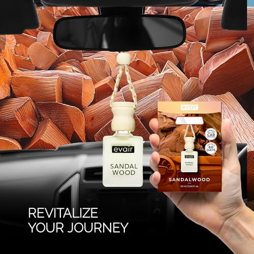 Image of Evair Sandalwood Car Air Freshener | Hanging Car Perfume with Essential Oils | Long-Lasting Aroma in Glass Bottle with Wooden Diffuser Lid | 10ml Hanging Car Scent (Pack of 1)