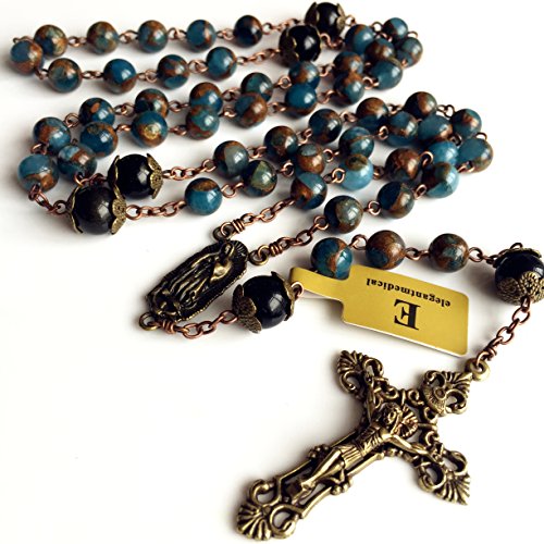 elegantmedical Football STONE bead Black Obsidian Our Lady Of Guadalupe Medal Rosary Jesus Christ Cross CRUCIFIX CATHOLIC NECKLACE2